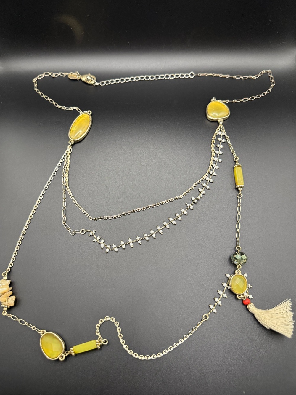 Chico's Multi-Stone Layered Necklace with Yellow Stones and Tassel Accent